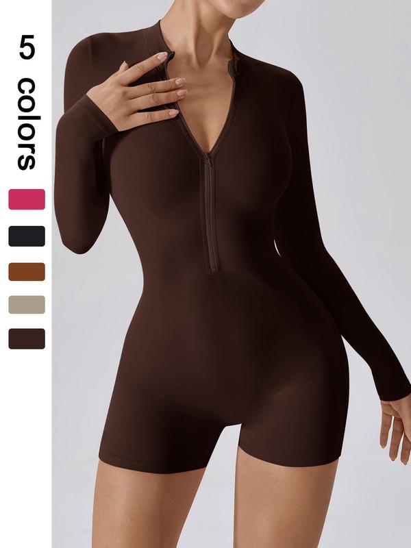 Sporty Women's Solid Color Half Zip Mock Neck Sports Romper, High Stretch Long Sleeve Skinny Romper for Yoga Gym Workout, Ladies Sportswear for All Seasons, Tummy Control