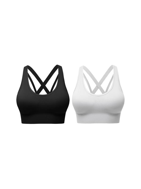 Women's 5 Counts Solid Criss Cross Backless Sports Bra, Comfortable Breathable Workout Yoga Bras, Ladies Sportswear for Indoor Outdoor Wear