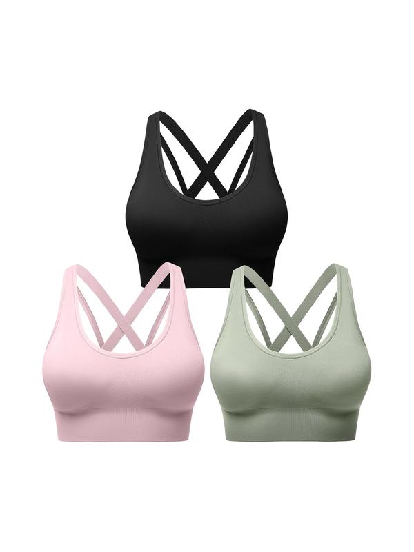 Women's 5 Counts Solid Criss Cross Backless Sports Bra, Comfortable Breathable Workout Yoga Bras, Ladies Sportswear for Indoor Outdoor Wear