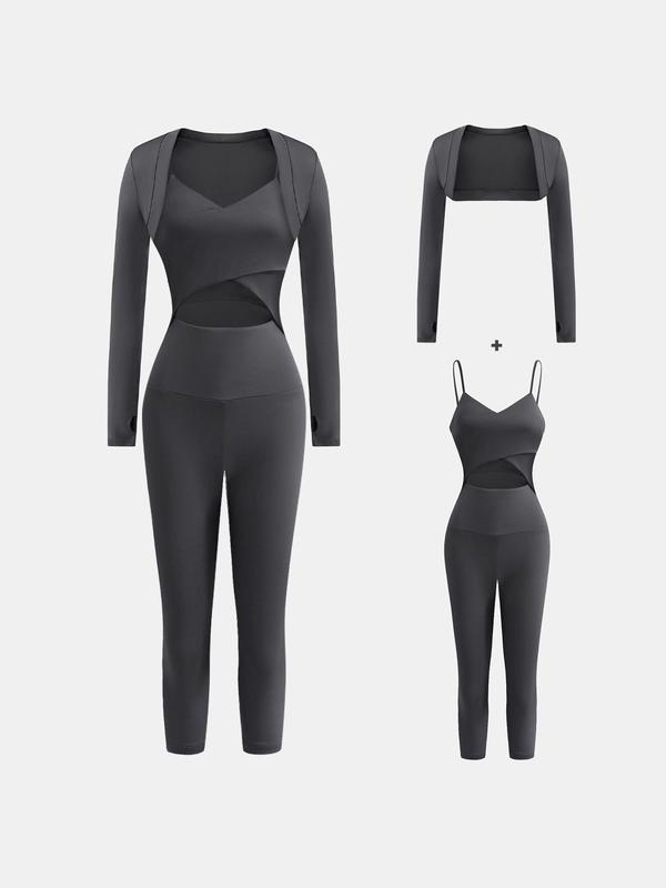 YOZY Women's Solid Long Sleeve Crop Top & Wrap Cut Out Cami Skinny Jumpsuit Two-piece Set, Sporty Casual Comfy Breathable Outfits for Yoga Gym Workout Running, Ladies Clothes for All Seasons