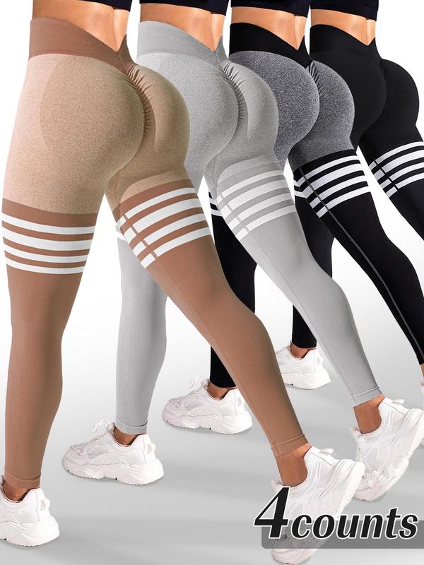 Women's Striped Print Ruched High Waist Sports Leggings, Sporty Comfy Breathable V-shaped Waist Skinny Pants for Yoga Gym Workout Running, Ladies Sportswear for All Seasons