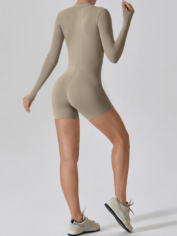Sporty Women's Solid Color Half Zip Mock Neck Sports Romper, High Stretch Long Sleeve Skinny Romper for Yoga Gym Workout, Ladies Sportswear for All Seasons, Tummy Control